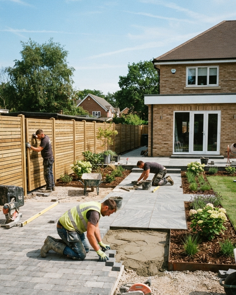 Patio and driveway construction with a landscaper working beside a timber fence and brick house