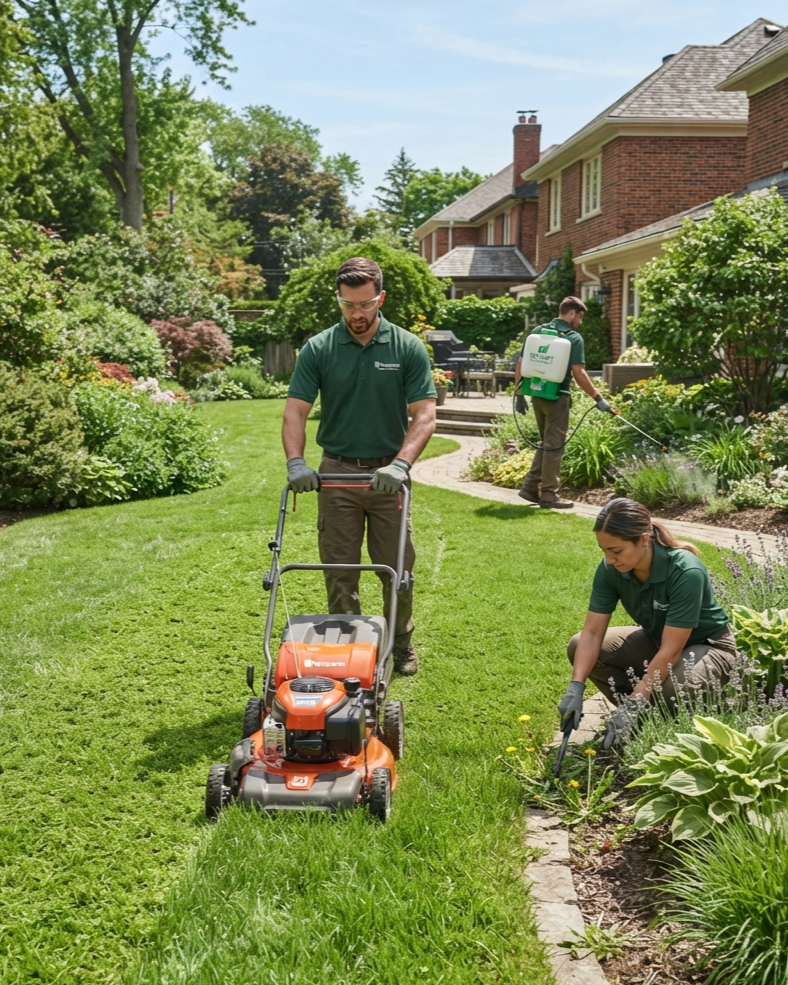 Grass cutting and weed removal by a gardener using a lawn mower in a UK residential garden