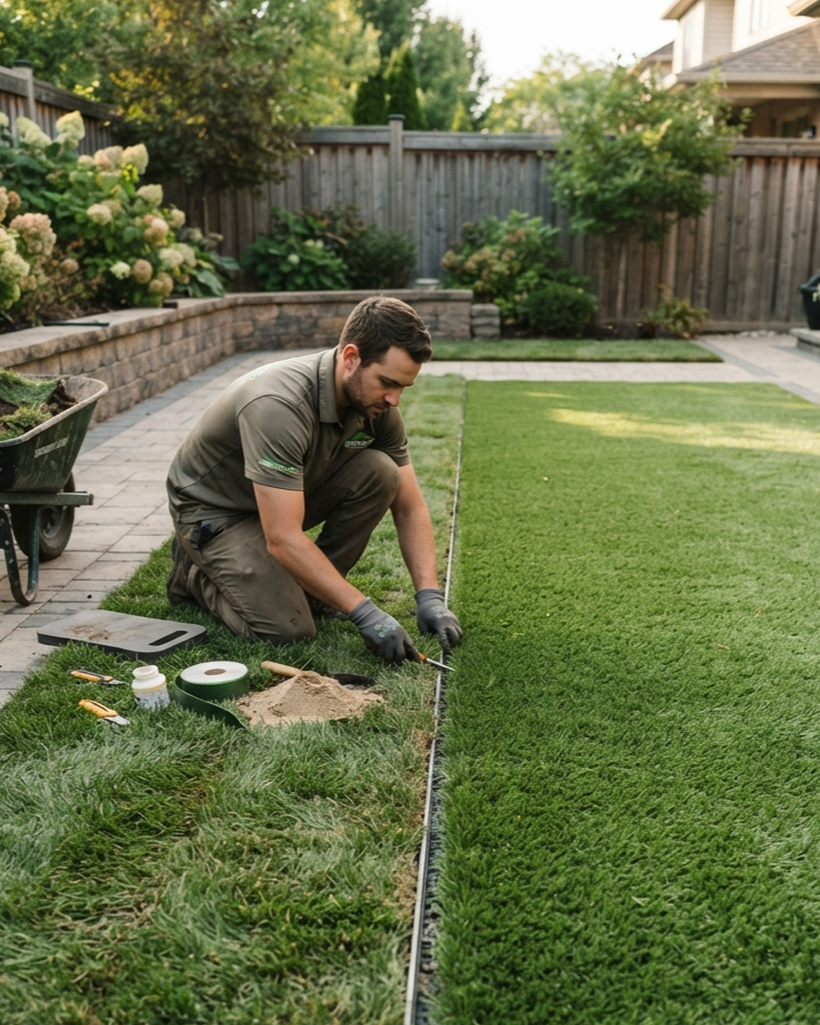 Landscaper installing natural turf and artificial grass in a residential garden