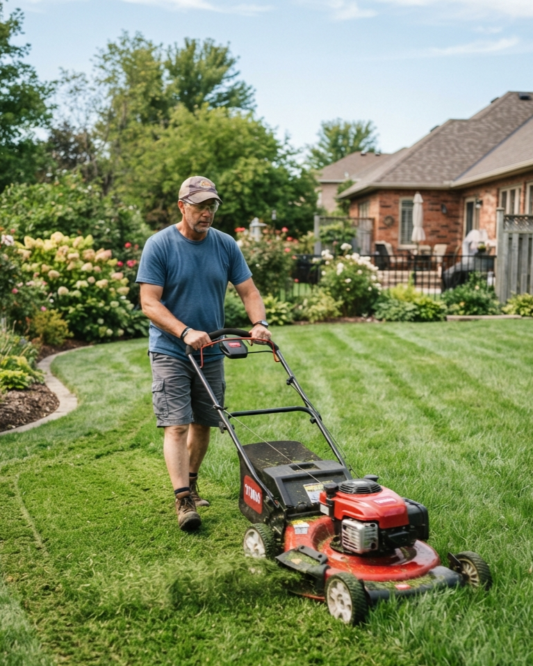 Regular lawn mowing and grass cutting service by a gardener in a neat residential garden